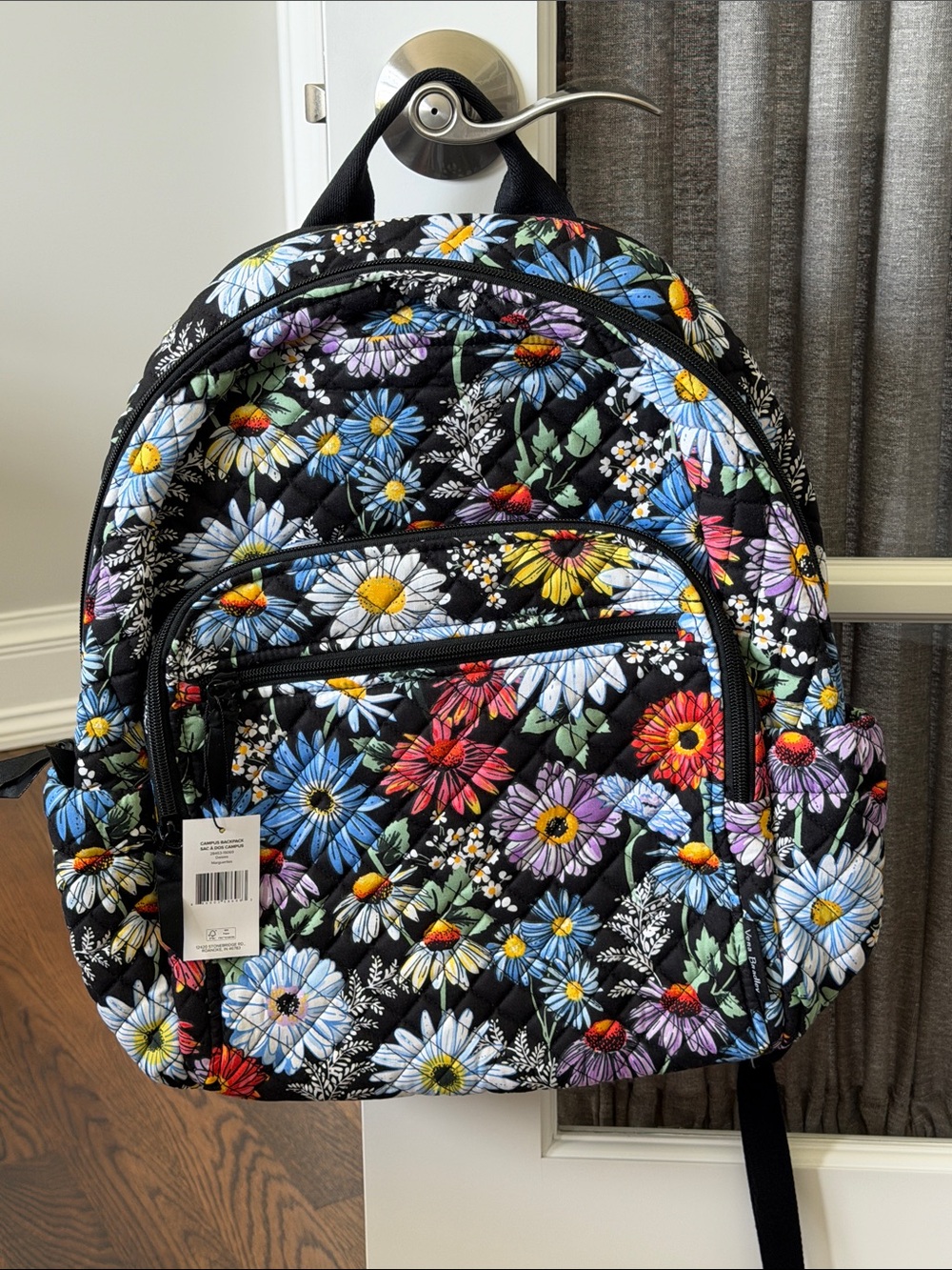 Vera Bradley Quilted Floral Backpack in Black with Multicolor Daisies